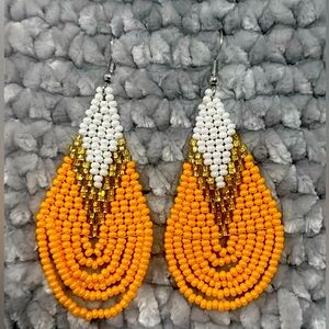 Orange and White Beaded Fan Earrings with Cascading Design
